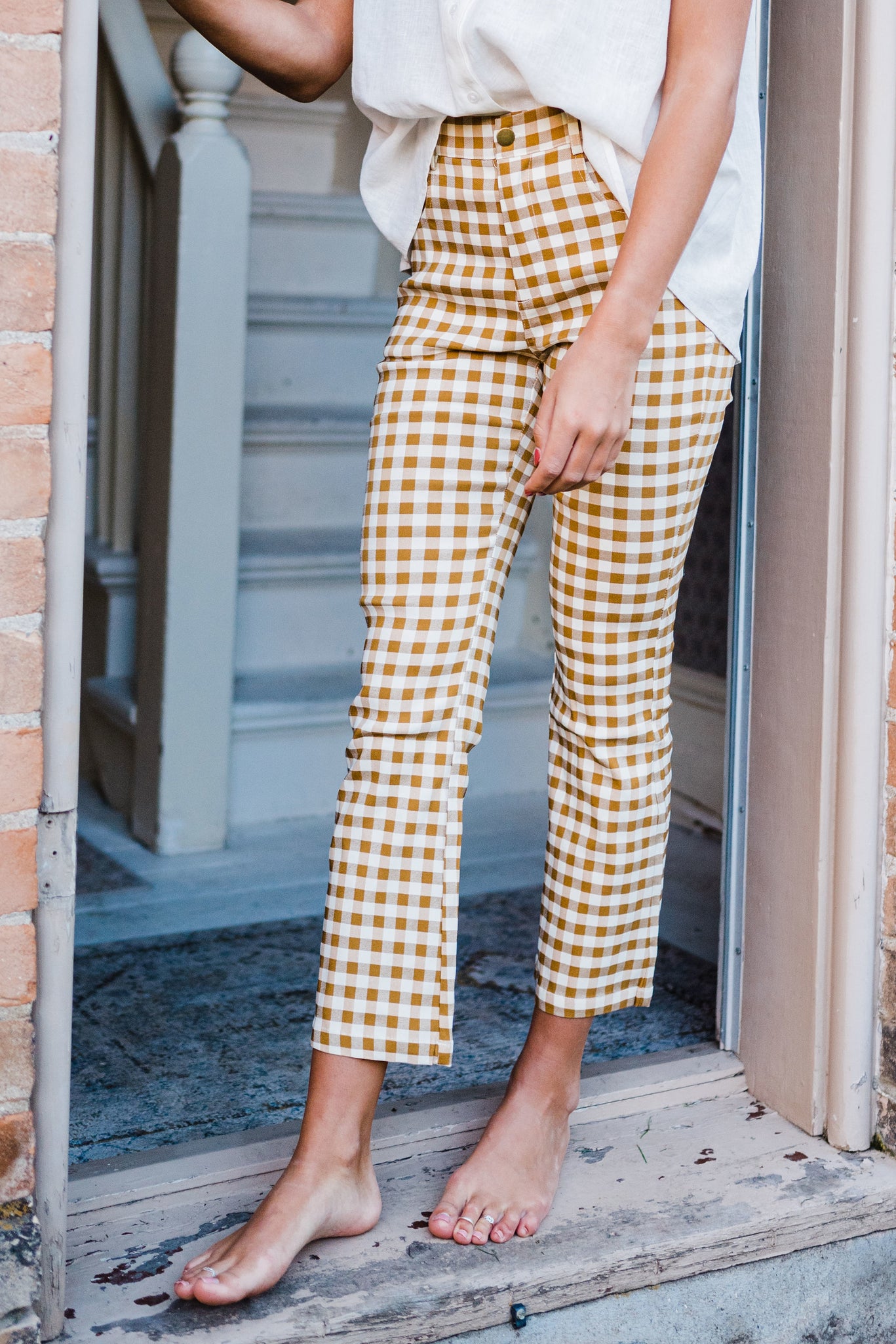 Checkered pattern pants discount